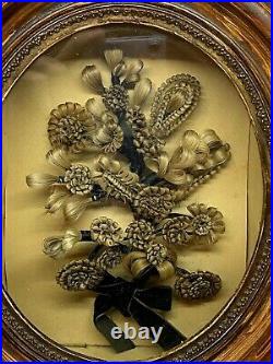 19th Century Victorian Mourning Hair Art Floral Hand Carved Frame Oval