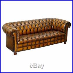 1 Of 2 Vintage Hand Dyed Restored Whisky Brown Pleated Leather Chesterfield Sofa
