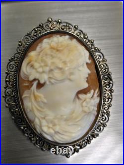 1 Victorian Silver Hand Carved High Relief Shell Cameo For Brooch Pendant Nice