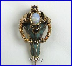 21 kt Gold Hand Engraved EARLY VICTORIAN Opal Ruby Blue Enamel Stick Pin B0850