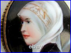 2 1/8 Antique Victorian Hand Paintd Portrait Brooch Young Lady Head Coved Gold
