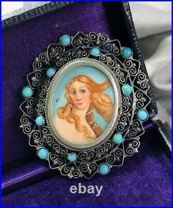 2 ANTIQUE VICTORIAN Hand Painted BIRTH of VENUS BOTTICELLI Sterling Pin-Pendant