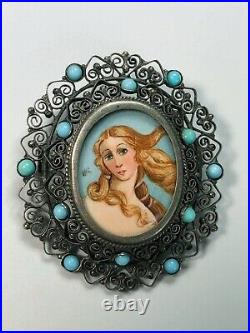 2 ANTIQUE VICTORIAN Hand Painted BIRTH of VENUS BOTTICELLI Sterling Pin-Pendant