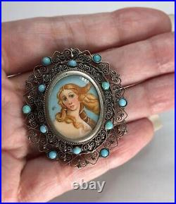 2 ANTIQUE VICTORIAN Hand Painted BIRTH of VENUS BOTTICELLI Sterling Pin-Pendant