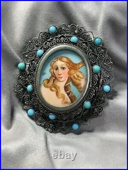 2 ANTIQUE VICTORIAN Hand Painted BIRTH of VENUS BOTTICELLI Sterling Pin-Pendant