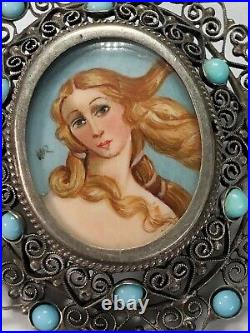 2 ANTIQUE VICTORIAN Hand Painted BIRTH of VENUS BOTTICELLI Sterling Pin-Pendant