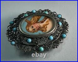 2 ANTIQUE VICTORIAN Hand Painted BIRTH of VENUS BOTTICELLI Sterling Pin-Pendant