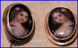 2 Antique Victorian Era Hand Painted On Porcelain Brooch Pins Girl With Flowers
