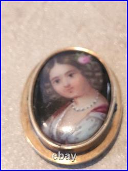 2 Antique Victorian Era Hand Painted On Porcelain Brooch Pins Girl With Flowers