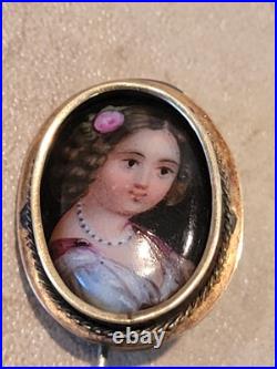 2 Antique Victorian Era Hand Painted On Porcelain Brooch Pins Girl With Flowers