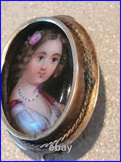 2 Antique Victorian Era Hand Painted On Porcelain Brooch Pins Girl With Flowers