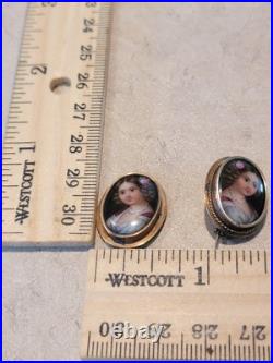 2 Antique Victorian Era Hand Painted On Porcelain Brooch Pins Girl With Flowers