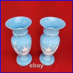 2 Antique Victorian Hand-Blown Hand-Painted Pastel Blue Bristol Art Glass Vases