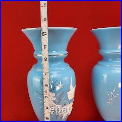 2 Antique Victorian Hand-Blown Hand-Painted Pastel Blue Bristol Art Glass Vases