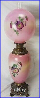 32 Antique Victorian Converted Oil Lamp Pink Floral 3 Way GWTW Hand Painted