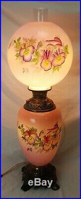 32 Antique Victorian Converted Oil Lamp Pink Floral 3 Way GWTW Hand Painted
