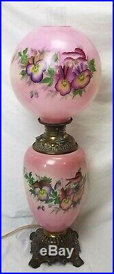 32 Antique Victorian Globe Oil Table Lamp Pink Floral 3 Way GWTW Hand Painted