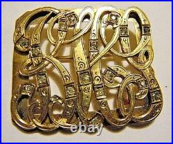 35mm Large Victorian Lettering Pin BICG 14K Gold with 17 Hand Cut Diamonds 12g