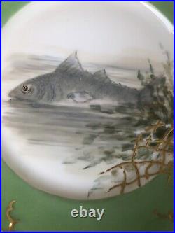4 Antique Haviland France Hand Painted Porcelain Fish Plates Artist Signed SMB