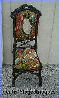 61175 RARE Inlaid Victorian Twig Chair Hand Made Needlepoint Seat + Back OWL
