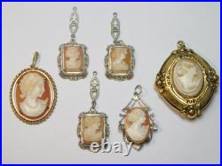 6 Hand Carved Antique Cameos! 5 Lavaliers & 1 Locket Free Shipping