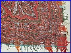 70X70 1800s Antique Hand Made Paisley Wool Piano Shawl Victorian Scarf Stunning