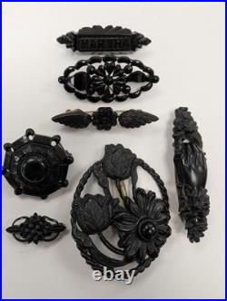7 Victorian Vintage Jewelry Black Mourning Brooches Hand Carved Bakelite 1930's