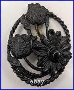 7 Victorian Vintage Jewelry Black Mourning Brooches Hand Carved Bakelite 1930's