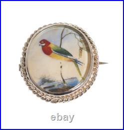 925 Silver Brooch Hand Painted Exotic Bird Miniature Antique Victorian c. 1880