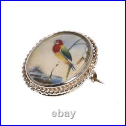 925 Silver Brooch Hand Painted Exotic Bird Miniature Antique Victorian c. 1880