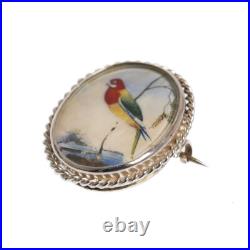 925 Silver Brooch Hand Painted Exotic Bird Miniature Antique Victorian c. 1880