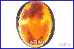 ANTIQUE 9K GOLD HAND CARVED SHELL CAMEO BROOCH ORPHEUS c1900