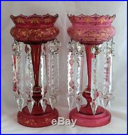 ANTIQUE BOHEMIAN MOSER CRANBERRY GLASS Gold Hand paint LUSTER PAIR MANTLE PRISMS