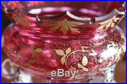 ANTIQUE BOHEMIAN MOSER CRANBERRY GLASS Gold Hand paint LUSTER PAIR MANTLE PRISMS