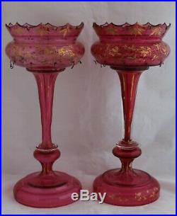 ANTIQUE BOHEMIAN MOSER CRANBERRY GLASS Gold Hand paint LUSTER PAIR MANTLE PRISMS