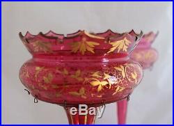 ANTIQUE BOHEMIAN MOSER CRANBERRY GLASS Gold Hand paint LUSTER PAIR MANTLE PRISMS