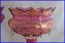 ANTIQUE BOHEMIAN MOSER CRANBERRY GLASS Gold Hand paint LUSTER PAIR MANTLE PRISMS