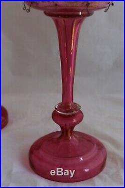 ANTIQUE BOHEMIAN MOSER CRANBERRY GLASS Gold Hand paint LUSTER PAIR MANTLE PRISMS