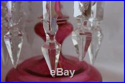 ANTIQUE BOHEMIAN MOSER CRANBERRY GLASS Gold Hand paint LUSTER PAIR MANTLE PRISMS