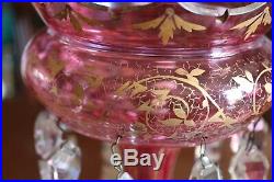 ANTIQUE BOHEMIAN MOSER CRANBERRY GLASS Gold Hand paint LUSTER PAIR MANTLE PRISMS