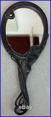 ANTIQUE CAMEO Hand Mirror Victorian Art Nouveau Nude Woman Metal Pewter