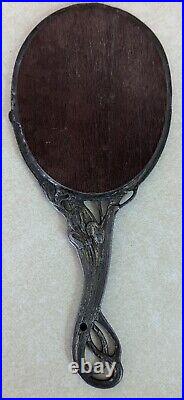 ANTIQUE CAMEO Hand Mirror Victorian Art Nouveau Nude Woman Metal Pewter