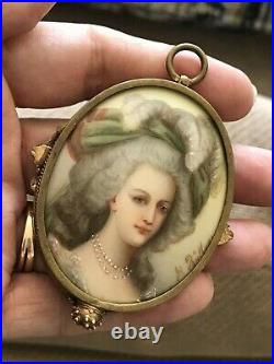 ANTIQUE HAND PAINTED VICTORIAN PORCELAIN PLAQUE PENDANT WithBEVELED MIRROR JEWELED