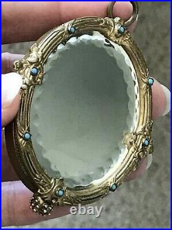 ANTIQUE HAND PAINTED VICTORIAN PORCELAIN PLAQUE PENDANT WithBEVELED MIRROR JEWELED