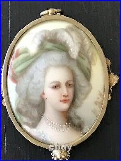 ANTIQUE HAND PAINTED VICTORIAN PORCELAIN PLAQUE PENDANT WithBEVELED MIRROR JEWELED