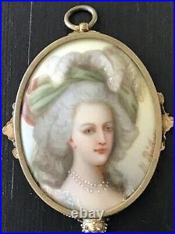 ANTIQUE HAND PAINTED VICTORIAN PORCELAIN PLAQUE PENDANT WithBEVELED MIRROR JEWELED