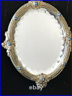 ANTIQUE HAND PAINTED VICTORIAN PORCELAIN PLAQUE PENDANT WithBEVELED MIRROR JEWELED