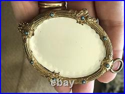 ANTIQUE HAND PAINTED VICTORIAN PORCELAIN PLAQUE PENDANT WithBEVELED MIRROR JEWELED