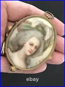 ANTIQUE HAND PAINTED VICTORIAN PORCELAIN PLAQUE PENDANT WithBEVELED MIRROR JEWELED