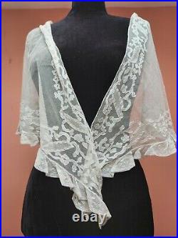 ANTIQUE LACE SHAWL TRIANGLE HAND EMBROIDERY FINE TULLE 1800s vintage original